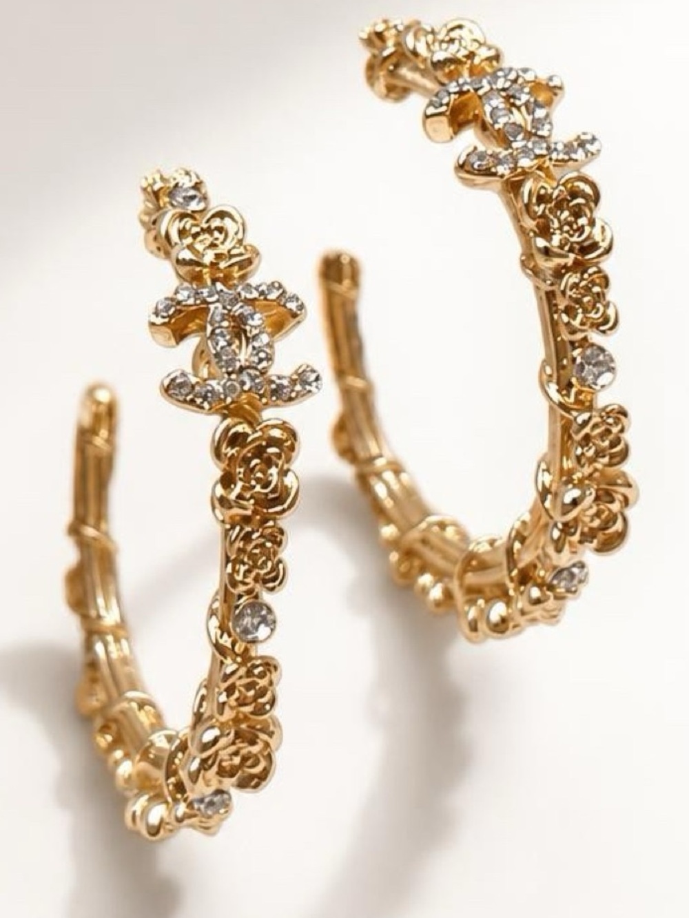 Beautiful Gold Floral Crystal CC Lettered Hoop Earrings